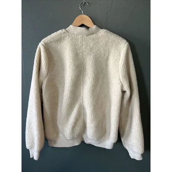Old Navy Beige Sherpa Fleece Bomber Jacket Cozy Zip-Up Outerwear Large - Picture 3 of 3